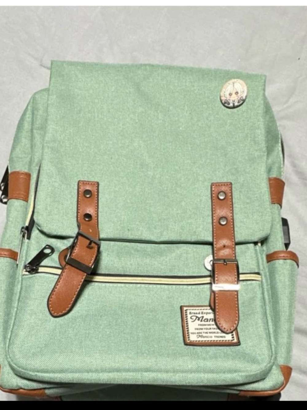 Mint Green Canvas Laptop Backpack with Brown Trim